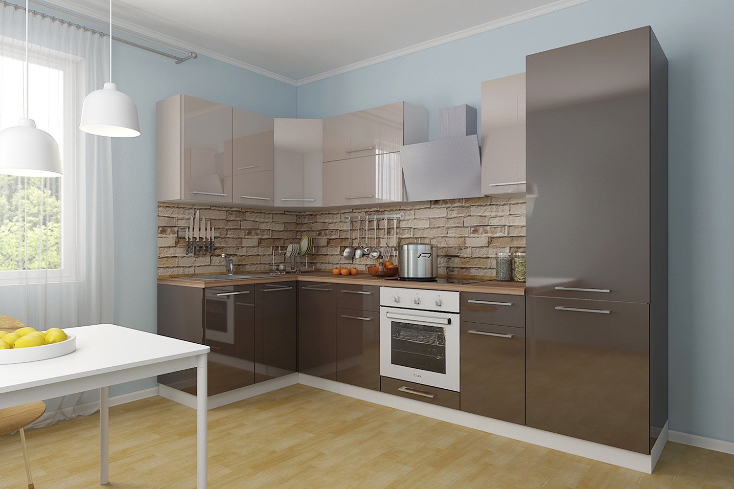 коричневая с серым кухня